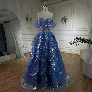 Ships in 1 to 3 Days - Dubai Arabic Blue A-Line Luxury Beaded Bling Evening Dress: 2024 For Women's Wedding Party