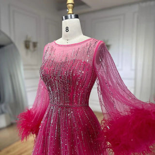 Ships in 1 to 3 Days - Modest Fuchsia A-Line Luxury Evening Dress with Feather Beading - Women's Wedding Party Gown 2024