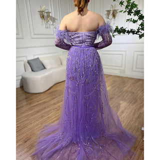 Chic Arabic Luxury Nude Mermaid Evening Dress with High Split, Beaded Feathers - Long 2024 Gown for Women's Wedding Party