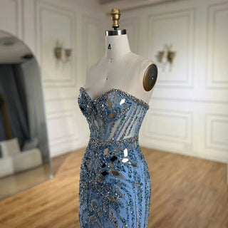 Arabic Blue Elegant Strapless Mermaid Beaded Luxury Dubai Evening Dresses Gowns 2024 for Women's Party