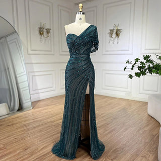 2024 Green Mermaid High Split One Shoulder Beaded Evening Dress: Gowns for Women's Wedding Party