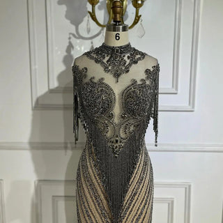 Dubai Luxury High-End Evening Dress 2024 - Champagne Grey with Beaded Tassel Detailing, Formal Attire