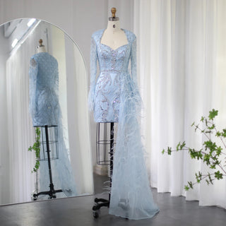 Short Luxury Dubai Evening Dresses with Feathers and Overskirt: Perfect for Arabic Mini Cocktail Party and Prom in Blue and Lilac