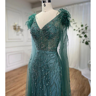 Arabic Blue Mermaid Elegant Cape Sleeves Feather Luxury Beaded Evening Dress - 2024 Collection