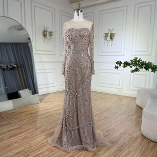 Ships in 1 to 3 Days - 2024 Arabic Nude Elegant Mermaid Evening Gown with Beaded Skirt and Lace-Up Back Women's Wedding Party Dress