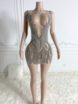 Crystal-Embroidered Sheer Mini Dress with Draped Chain Details