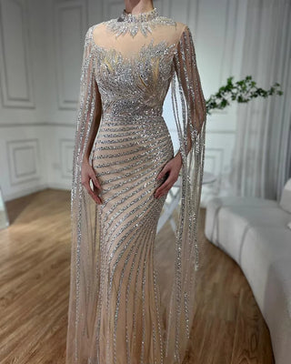 Ships in 2 to 5 Days -  Arabic Nude Mermaid Cape Lace Beaded Long Evening Dresses for Formal Occasion