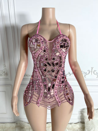 Halter Neck Mini Dress with Mosaic Embellishments and Sheer Illusion Bodice