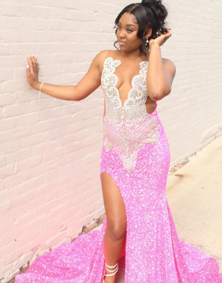 Sequin Pink Mermaid Gown with Deep V-Neckline and Crystal Embellishments