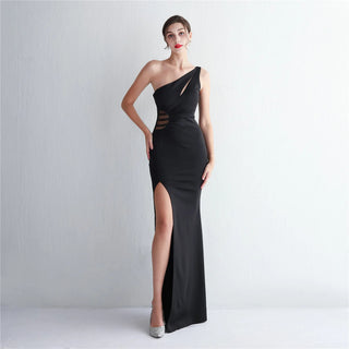 Sexy One-Shoulder Soft Satin Pleated Dress with Beading - Long Evening Party Maxi Dress with Slit for Women