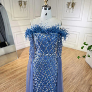 Elegant Cape Sleeves Mermaid Evening Dresses Gowns Luxury Feathers Beaded 2024 For Women Wedding Party