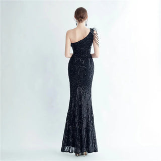 Elegant Slash Neck Feather Sequin Evening Dress for Women Beading Long Party Maxi Dress