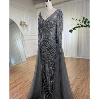 Ships in 1 to 3 Days - Sapphire Serenity: Elegant Beaded V-Neck Mermaid Gown in Blue Grey Party 2024