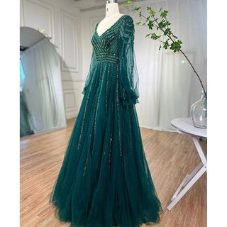 Ships in 1 to 3 Days - Turquoise A-Line Evening Dress 2024: Long Sleeves, Beaded Luxury - Ideal for Women's Party