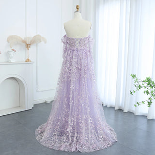 Elegant 3D Flowers Pink Luxury Dubai Evening Dress with Overskirt: Lilac Long Sleeves for Women's Wedding Party