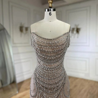 Ships in 1 to 3 Days - Dubai White Nude Strapless Mermaid Luxury Evening Dresses Gowns Pearls Beaded for Women Wedding Party 2024