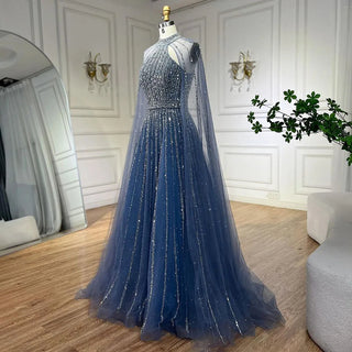 2024 Arabic Turquoise A-Line Cap Sleeve Beaded Luxury Dubai Evening Dress: Gowns for Women's Wedding Party