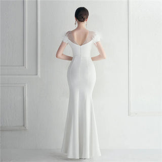 Elegant Feather Crystal Evening Dress with Sexy Slit - Floor-Length Party Maxi Celebrity Dress