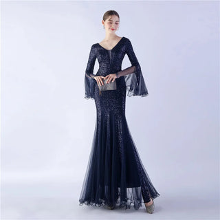 Elegant Long Sleeve Sequin Evening Dress - Gold Mesh Party Maxi Dress