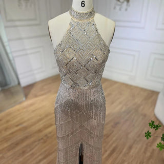 Mermaid Tassel Luxury Halter Evening Dress: Rhinestones, Pageant Gown, Sleeveless, Slit