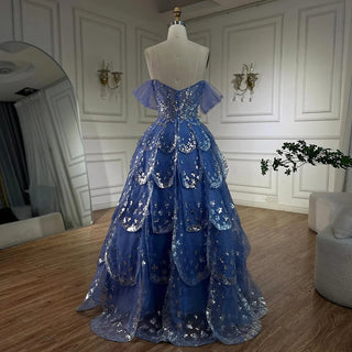 Ships in 1 to 3 Days - Dubai Arabic Blue A-Line Luxury Beaded Bling Evening Dress: 2024 For Women's Wedding Party