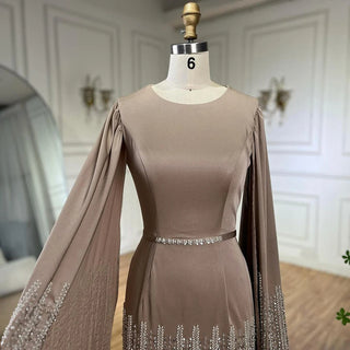 Arabic Caramel Mermaid Elegant Cape Sleeves Beaded Satin Luxury Evening Dresses Gowns for Women Party 2024