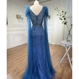 Arabic Blue Mermaid Elegant Cape Sleeves Feather Luxury Beaded Evening Dress - 2024 Collection