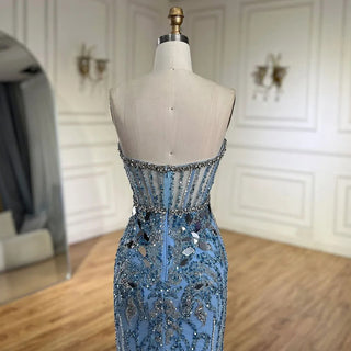 Arabic Blue Elegant Strapless Mermaid Beaded Luxury Dubai Evening Dresses Gowns 2024 for Women's Party