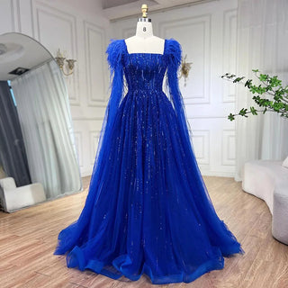 Luxury Dubai A-Line Blue Evening Dress with Cape Sleeves - Feathers Beaded Gown for Women's Wedding Party (2024)