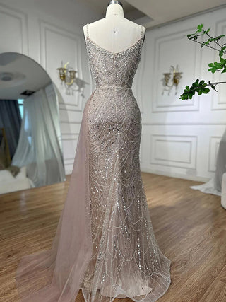 Desert Mirage: Nude High Split Mermaid Gown with Spaghetti Straps and Beading 2024