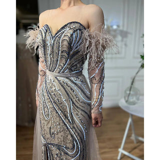 Chic Arabic Luxury Nude Mermaid Evening Dress with High Split, Beaded Feathers - Long 2024 Gown for Women's Wedding Party