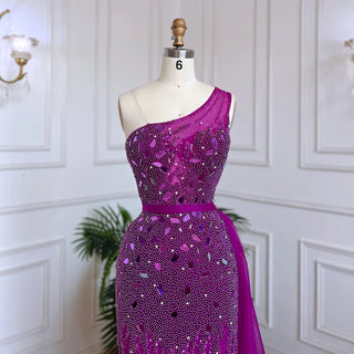 Arabic Purple Mermaid One Shoulder Evening Dress 2024 - High Split, Beaded Luxury Gown for Women's Party