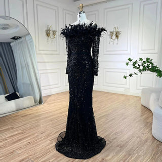 Luxury Dubai Green Boat Neck Mermaid Elegant Feathers Beaded Evening Dresses Gowns For Woman Wedding Party