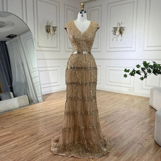 Ships in 1 to 3 Days - Luxury Dubai Arabic Mermaid Gold Elegant Tassel Beaded Evening Dresses Gowns for Women's Wedding Party 2024