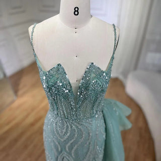 Ships in 1 to 3 Days - 2024 Sky Blue Spaghetti Strap Luxury Evening Dress: Mermaid Beaded Elegant Overskirt for Women's Party