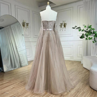 Black A-Line Strapless Evening Dresses 2024 - Cape Sleeves with Luxury Crystal Beading for Women's Party