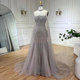 Blue Spaghetti Strap Long Cloak Mermaid Beaded Lace-Up Luxury Evening Dresses Gowns for Women Wedding Party