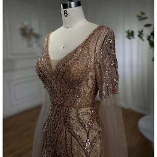 Emerald Elegance: 2024 Luxury Evening Dresses with Cape Sleeves in Rose Gold and Gray