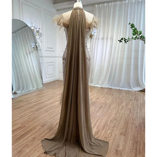 Gray Beaded Arabic Midi Ankle-Length Evening Dress with Cape Feather Gown: Elegant Attire for Women's Wedding Party 2024