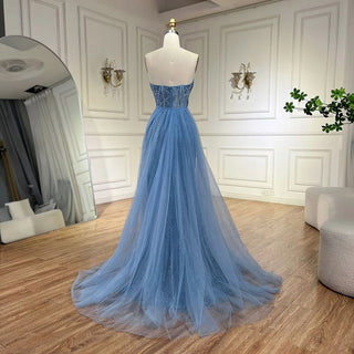 Ships in 1 to 3 Days - Arabic Turquoise Strapless High-Split Mermaid Beaded Luxury Evening Gown for Women Wedding Party 2024