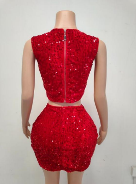 Ships in 2 to 5 Days -Dazzling Sequin Two-Piece Set with Asymmetrical Cut-Out Skirt