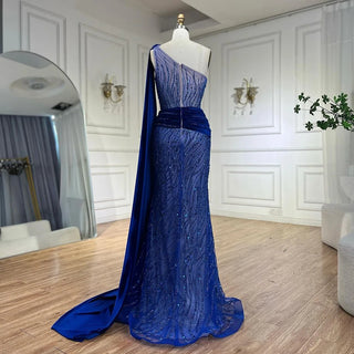 Ships in 1 to 3 Days - Blue Mermaid One Shoulder Elegant Cap Sleeve Beaded Luxury Evening Dresses: Gowns for Women's Party 2024