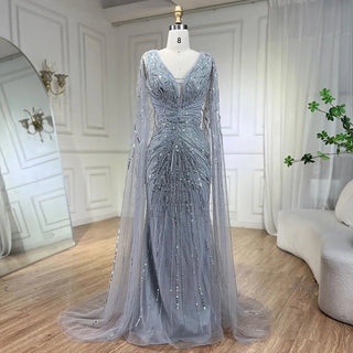 Arabic Silver Mermaid Cape Sleeves Beaded Evening Dress Luxury Gown 2024 for Women Wedding Party