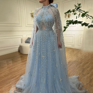 Dubai Arabic Luxury Nude A-Line Beaded Evening Dress with Cape Sleeves - Elegant Gown for Women Wedding Party 2024