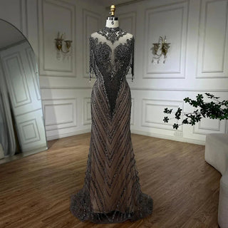 Dubai Luxury High-End Evening Dress 2024 - Champagne Grey with Beaded Tassel Detailing, Formal Attire