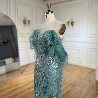 Turquoise Spaghetti Strap High-Split Mermaid Beaded Feathers Evening Gown for Women Wedding Party 2024