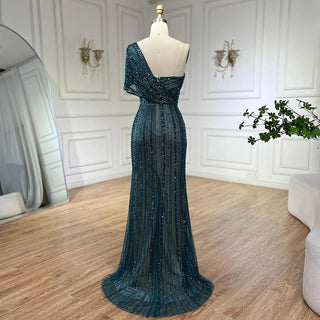 2024 Green Mermaid High Split One Shoulder Beaded Evening Dress: Gowns for Women's Wedding Party