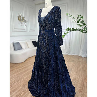 Dubai Blue Mermaid Deep-V Crystal Long Sleeves Luxury Party Dress: Formal Women's Evening Attire, 2024