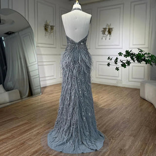 Ships in 1 to 3 Days - Dubai Halter Beige Feathers Beaded Formal Luxury Mermaid Evening Dress for Women Wedding Party 2024