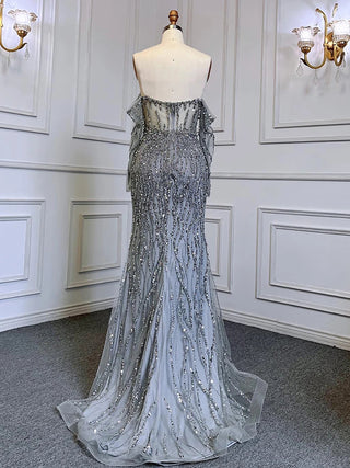 Grey Mermaid Spaghetti Strap Evening Gown: Luxury Beaded Elegance for Weddings and Parties 2024